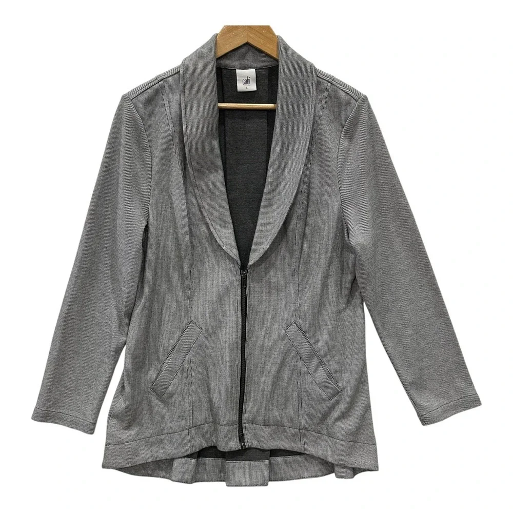 Cabi Drop Off Zip Back‎ Gray Striped Knit Jacket Blazer Size Large #5300 Hipster